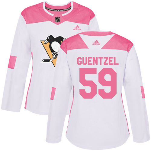 Adidas Penguins #59 Jake Guentzel White/Pink Authentic Fashion Women's Stitched NHL Jersey - Click Image to Close